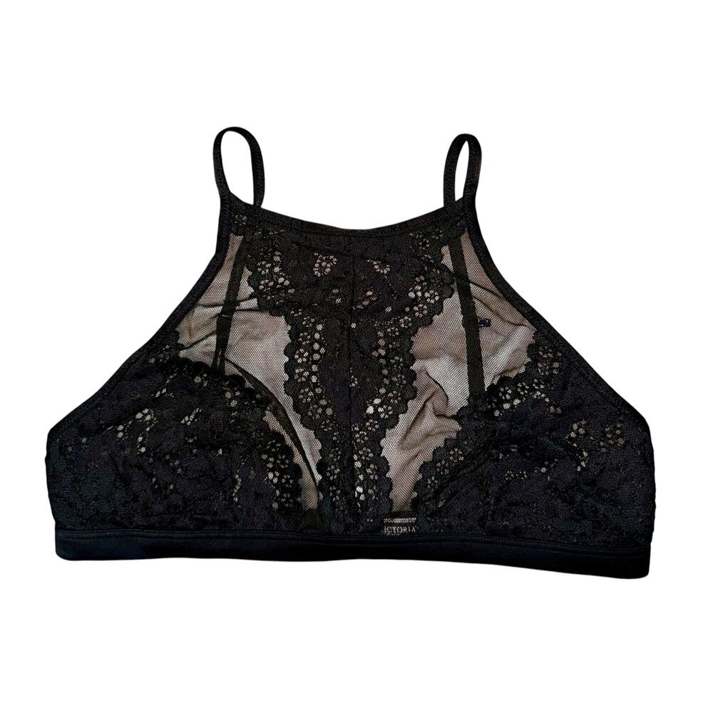 Victoria's Secret Black Lace Halter Bra Size Medium Sexy Romantic Coquette‎